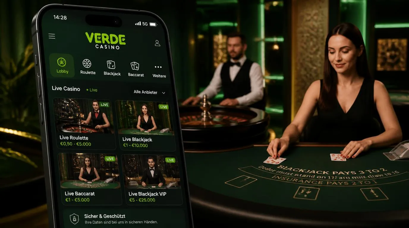 Live-Casino-Lobby auf dem Smartphone mit Roulette- und Blackjack-Tischen sowie sichtbaren Einsatzlimits