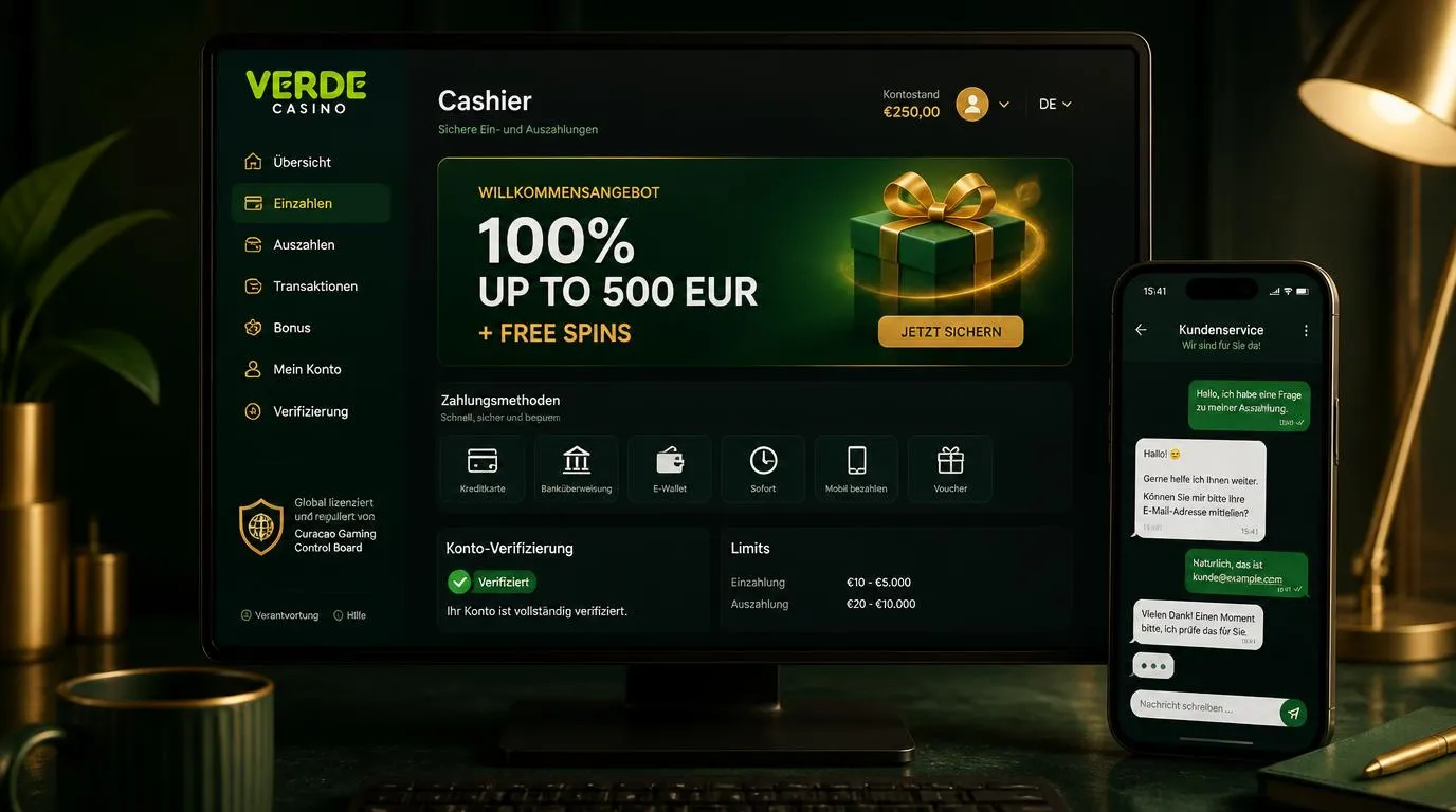 Moderne Casino-Kasse mit Willkommensangebot, Zahlungsmethoden und sicherer Kontoübersicht
