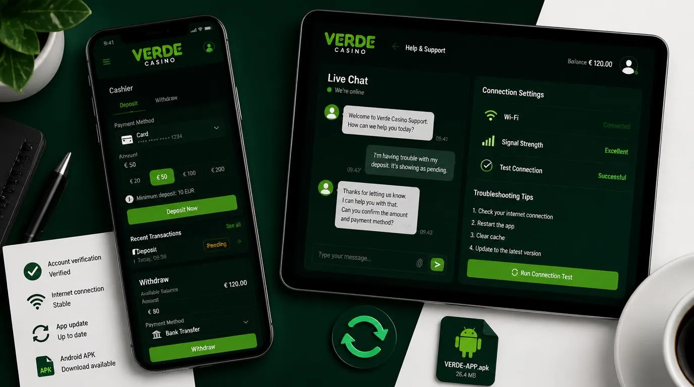 Smartphone mit Casino-Kassenbereich, Live-Chat und Hinweis zur mobilen Fehlerbehebung
