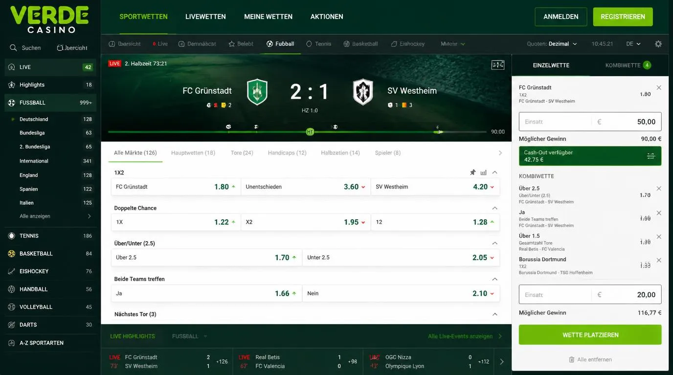 Sportwetten-Oberfläche mit Einzelwetten, Kombiwette und Live-Quoten für Fußballspiele