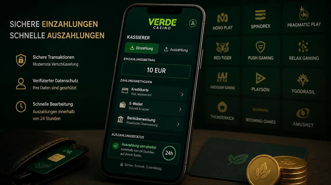 Casino-Zahlungsbereich mit 10-Euro-Einzahlung und schnell bearbeiteter Auszahlung auf einem Smartphone
