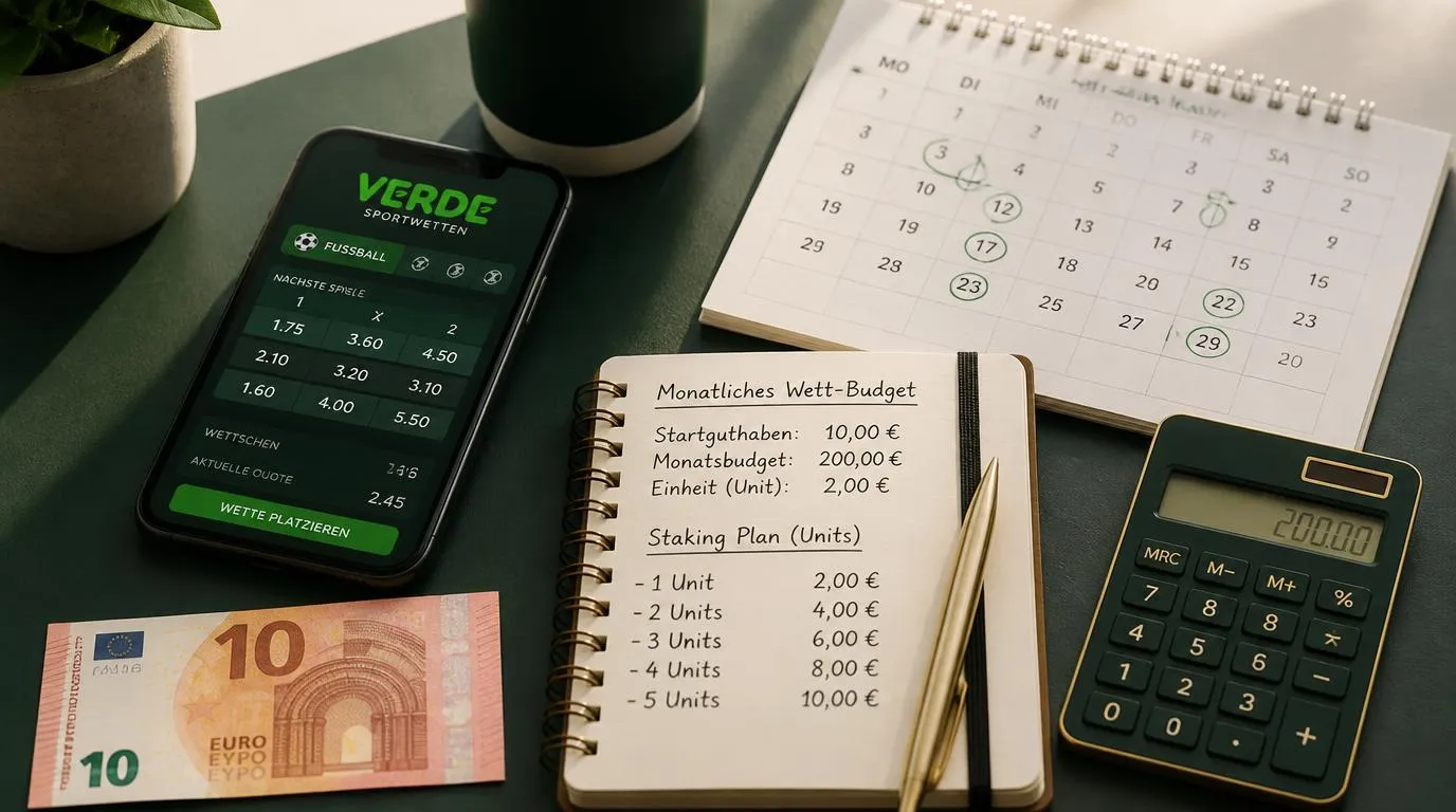 Sportwetten-Budget mit Einsatzplan, Quotenübersicht und festem Monatslimit auf einem Smartphone