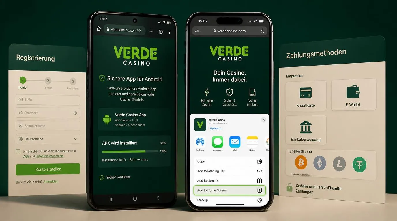 Smartphone mit mobiler Casino-Website, App-Installation und Zahlungsoptionen auf dem Bildschirm