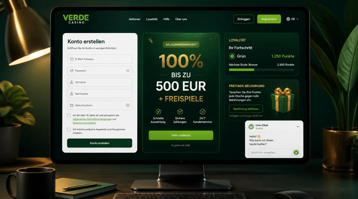 Registrierungsformular mit Willkommensbonus, Punkten und aktivem Live-Chat in einer Casino-Kontoansicht