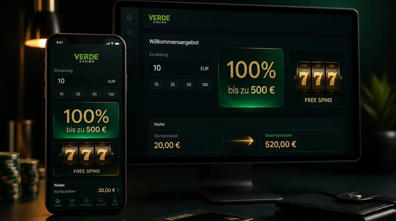 Casino-Bonusoberfläche mit Einzahlungsfeld, 500-Euro-Bonus und Freispiel-Symbolen