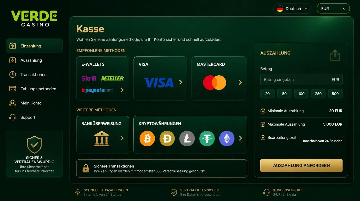 Casino-Kassenansicht mit E-Wallets, Kreditkarten, Kryptowährungen und Auswahl der Kontowährung