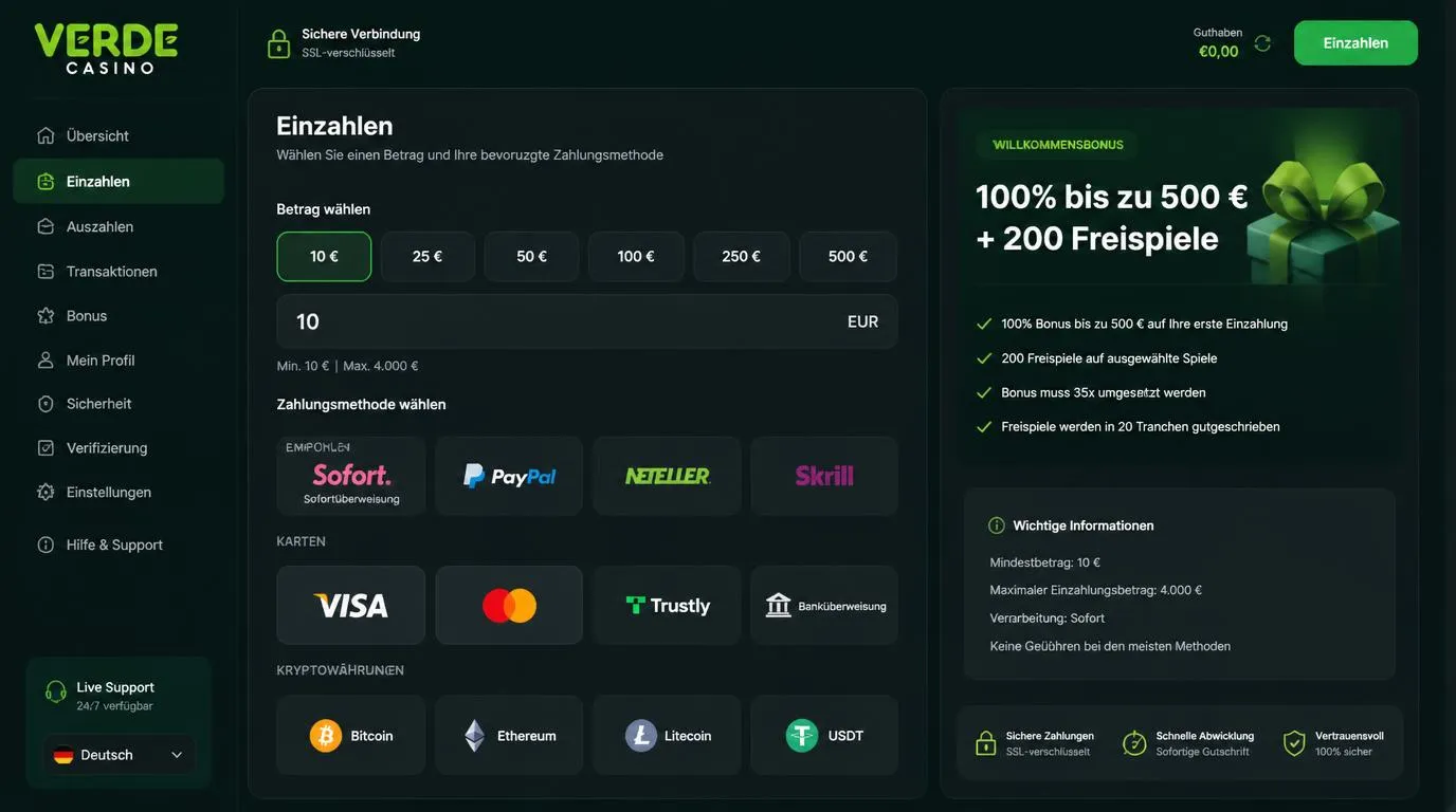 Casino-Kassenbereich mit 10-Euro-Einzahlung, Bonusanzeige bis 500 Euro und Auswahl an Zahlungsmethoden